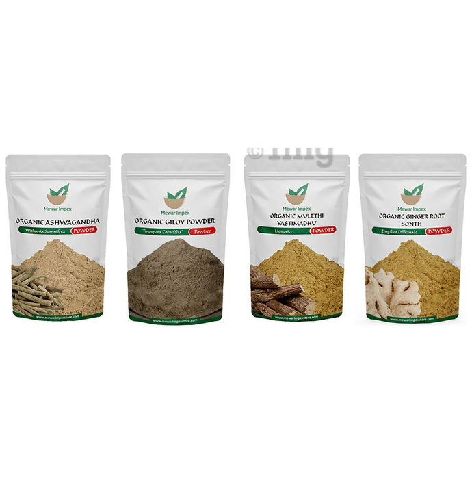 Mewar Impex  Combo Pack of Organic Ashwagandha Powder, Organic Giloy Powder, Organic Ginger Root Sonth Powder & Organic Mulethi Yastimadhu Powder (100gm Each)