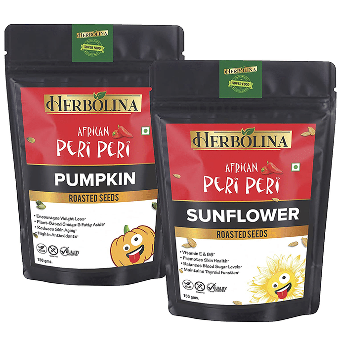 Herbolina Combo Pack of Pumpkin & Sunflower Roasted Seeds (150gm Each) African Peri Peri