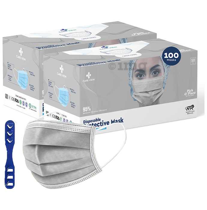 Care View CV2992 Sitra Approved 3 Ply Colored Disposable Surgical Mask with Built in Metal Nose Pin and 1 Melt Blown Layer (50 Each) Grey