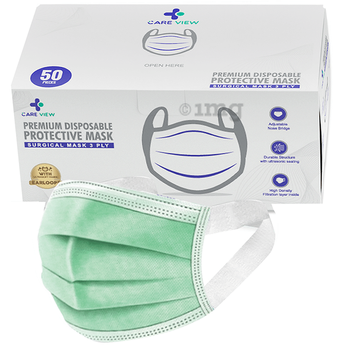 Care View 3 Ply Premium Disposable Protective Surgical Face Mask with Ear Loops Green
