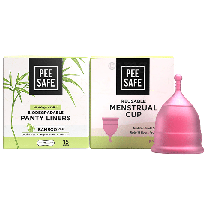 Pee Safe Combo Pack of 100% Organic Cotton Biodegradable Panty Liner & Reusable Menstrual Cup Pink Small