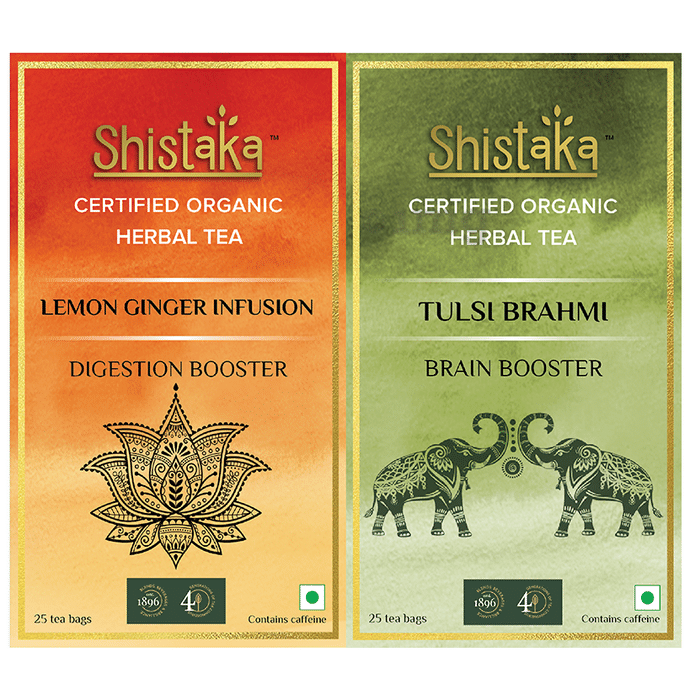 Shistaka Combo Pack of Certified Organic Herbal Tea (1.8gm Each) Lemon Ginger Infusion & Tulsi Brahmi