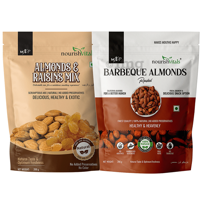 NourishVitals Combo Pack of Almonds & Raisins Mix and Barbeque Almonds Roasted (200gm Each)