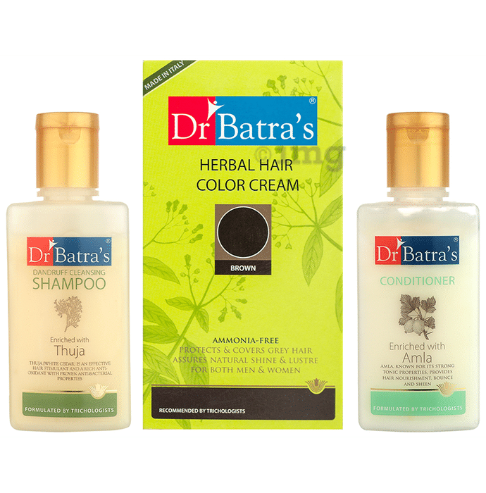 Dr Batra's Combo Pack of Conditioner 100ml, Dandruff Cleansing Shampoo 100ml and Herbal Hair Color Cream 130gm Brown