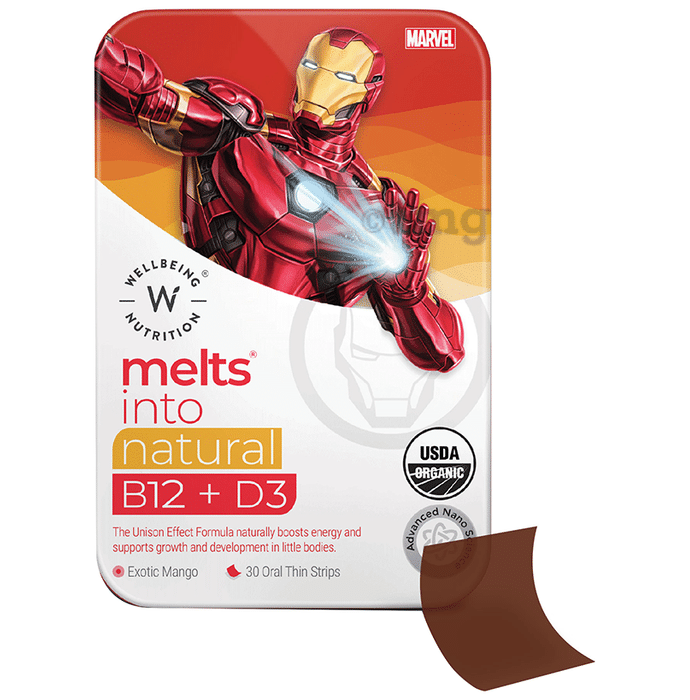 Wellbeing Nutrition Marvel Melts into Natural B12 + D3 Oral Thin Strip | For Age 6+ | For Energy, Growth & Development | Flavour Exotic Mango