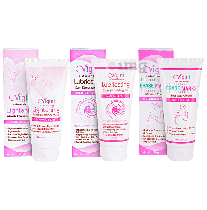 Vigini Combo Pack of Lightening Intimate Feminine Wash 100ml, Lubricating Cum Stimulating Gel 100gm and Erase Marks Massage Cream 100gm
