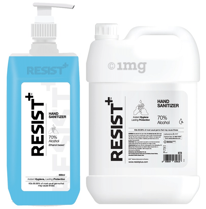 Resist+ Combo Pack of 70% Alcohol Hand Sanitizer 5Ltr Canister & 500ml Pump Bottle