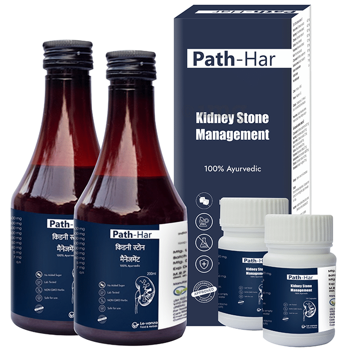 Le-vanza Food and Herbals Combo Pack of Path-Har Kidney Stone Management Kit (2 Bottle of 200ml Syrup & 2 Bottle of 18 Capsule)