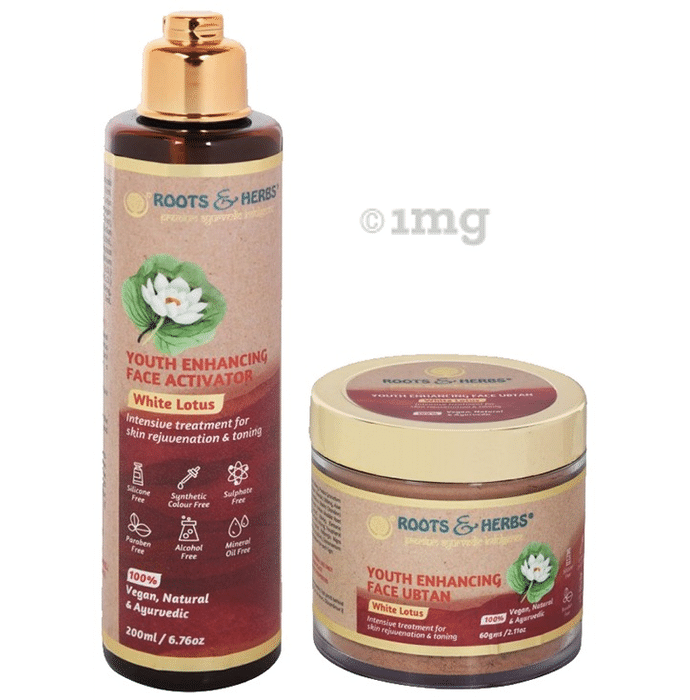 Roots and Herbs Combo Pack of White Lotus Youth Enhancing Face Activator (200ml) & White Lotus Youth Enhancing Face Ubtan (60gm)