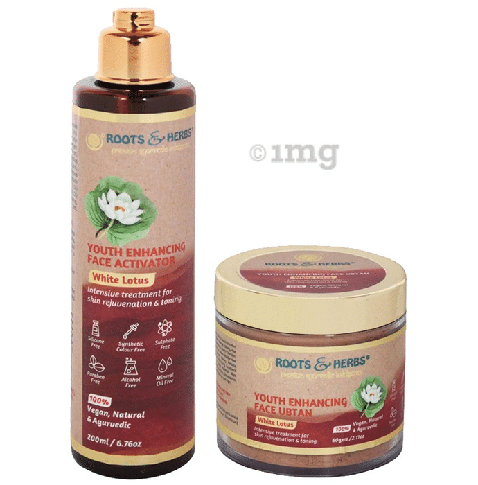 Roots and Herbs Combo Pack of White Lotus Youth Enhancing Face Activator (200ml) & White Lotus Youth Enhancing Face Ubtan (60gm)