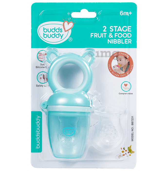 Buddsbuddy BPA Free 2 Stage Baby Fruit & Food Nibbler With Extra Teat Pacifier/Teether for Infant Baby Blue