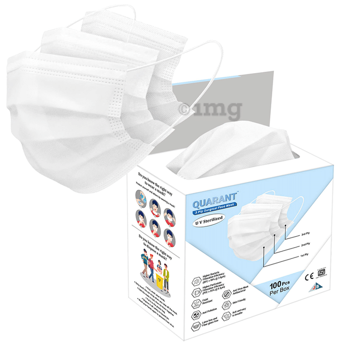 Quarant 3 Ply Disposable Surgical Face Mask with Adjustable Nose Pin, UV Sterilized (100 Each) White