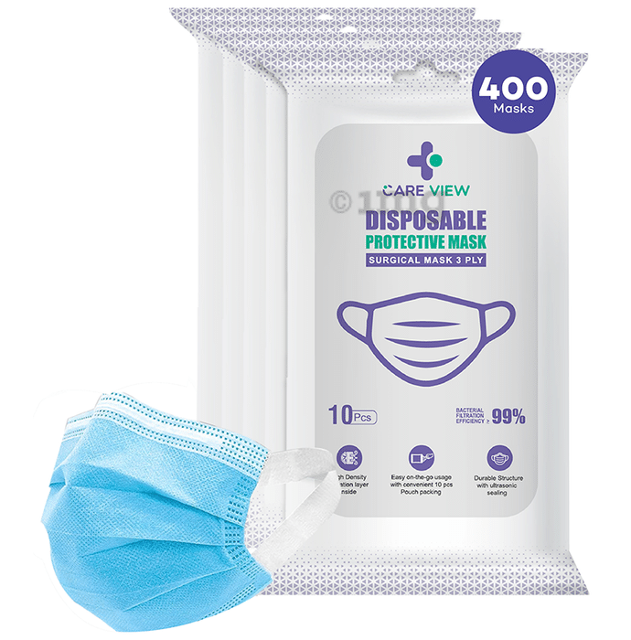 Care View 3 Ply Surgical Disposable Protective Mask with Soft Fabric Earloop (10 Each) Blue