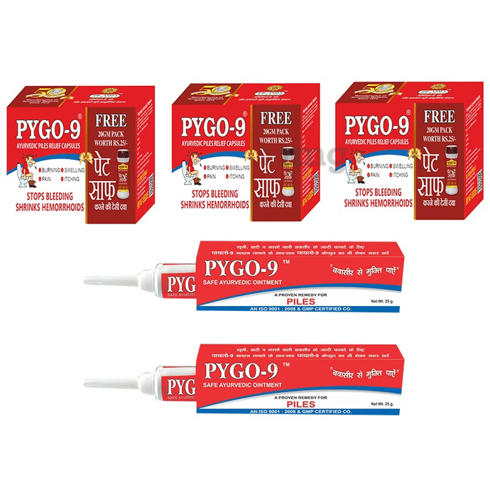 Dr. Asma Combo Pack of 3 Box of Pygo 9 Ayurvedic Piles Relief Capsule 72, 3 Box of Sehaz Pet Saaf Churna 60gm and 2 Tubes of Pygo 9 Ointment 50gm