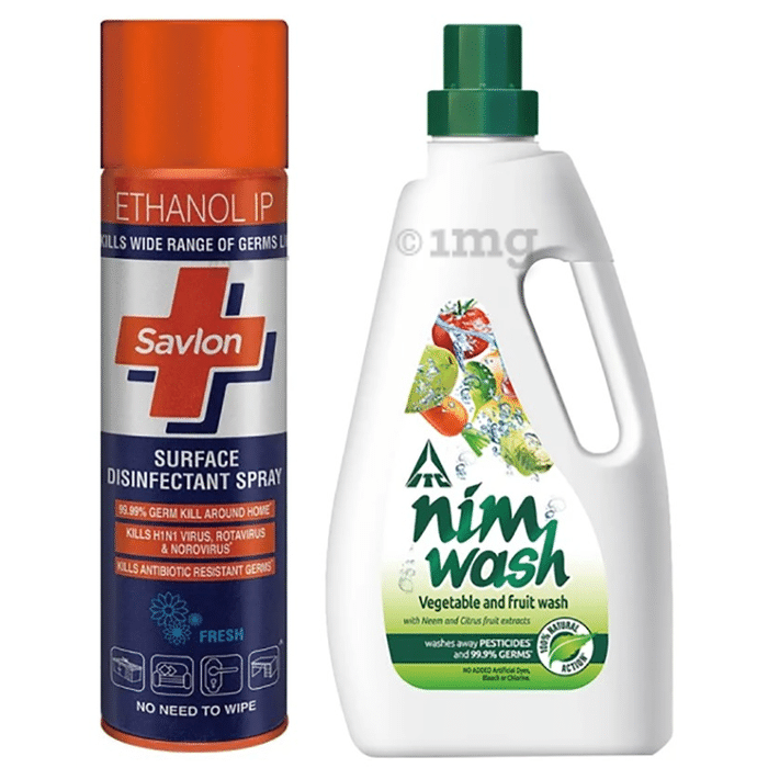 Disinfectant and Vegetable Wash Combo Pack of Savlon Surface Disinfectant Spray 170gm and ITC Nimwash 1Ltr