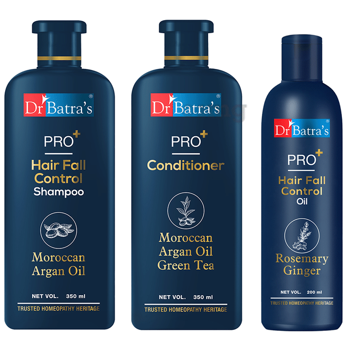 Dr Batra's Combo Pack of Pro+ Hair Fall Control Shampoo 350ml, Pro+ Conditioner 350ml and Hair Fall Control Oil 200ml