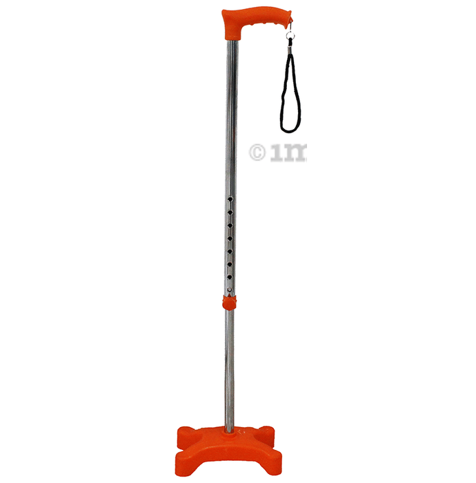 Fidelis Healthcare Mild Steel Adjustable Walking Stick 4 Leg with Plastic Base Orange