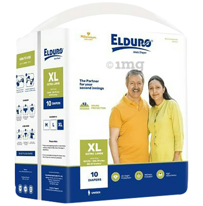 Elduro Unisex Adult Diaper, Wetness Indicator, All Night Protection, High Absorbency (10 Each) XL