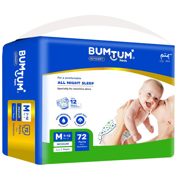 Bumtum Ultrasoft Baby Diaper Pants, Cottony Soft High Absorb Technology (72 Each) Medium