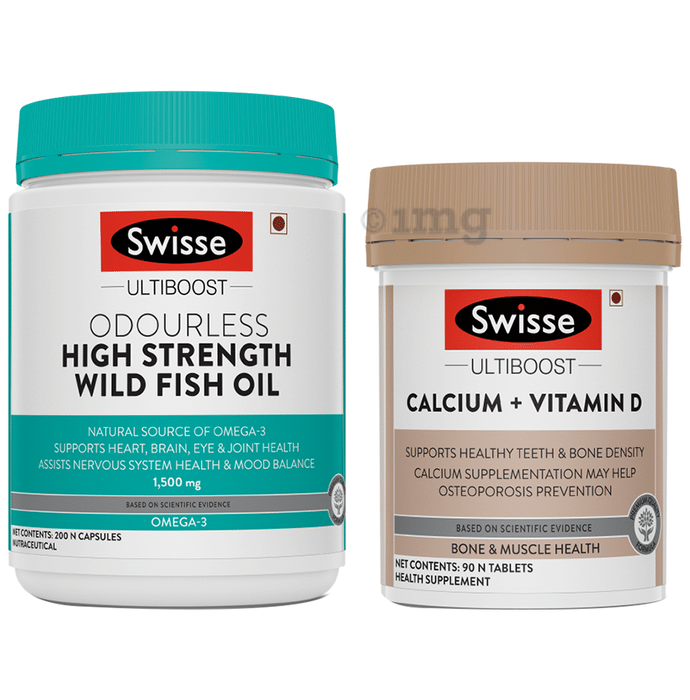 Swisse Combo Pack of Ultiboost Odourless High Strength Wild Fish Oil 200 Capsule & Ultiboost Calcium+Vitamin D 90 Tablet