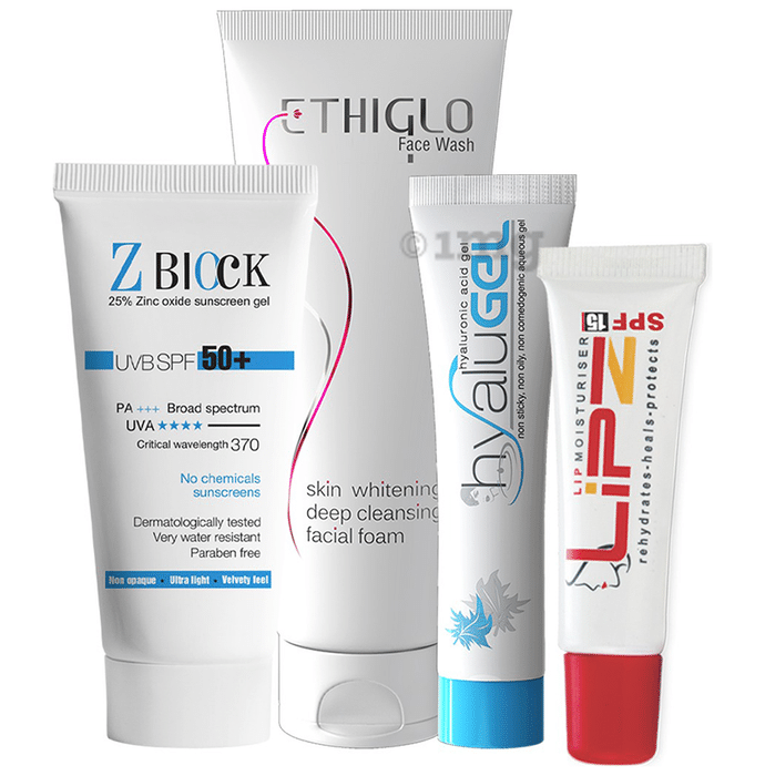 Ethicare Remedies Day Skincare Routine Kit - Ethiglo Face Wash 70ml, Hyalugel Hyaluronic Acid Gel, Z-Block 25% Zinc Oxide Sunscreen Gel, SPF 58, 50 ml And Lipzlite Lightening Cream 15gm