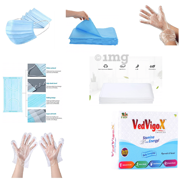 Fine Morning Pharma Covid Isolation or Quarantine Protection Kit (10 Mask, 10 Gloves, 1 Bedsheet & 30 Vedvigox Capsule)