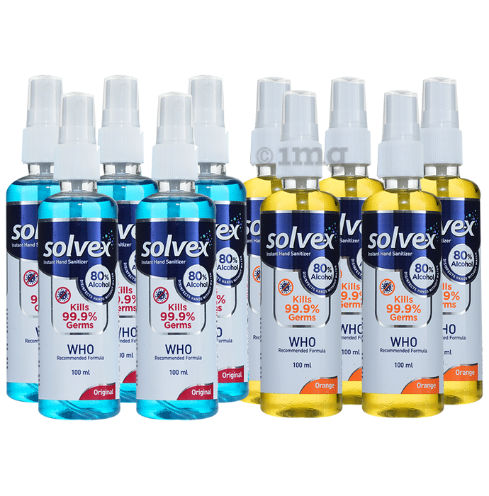 Solvex Instant Hand Sanitizer Spray 80% Alcohol (100ml Each) 5 Original & 5 Orange