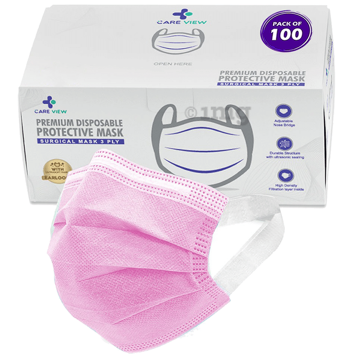 Care View 3 Ply Premium Disposable Protective Surgical Face Mask with Ear Loops Pink