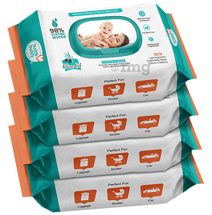 Buddsbuddy Olive Oil Light Fragranced Usable Baby Wipes with Lid (80 Each)