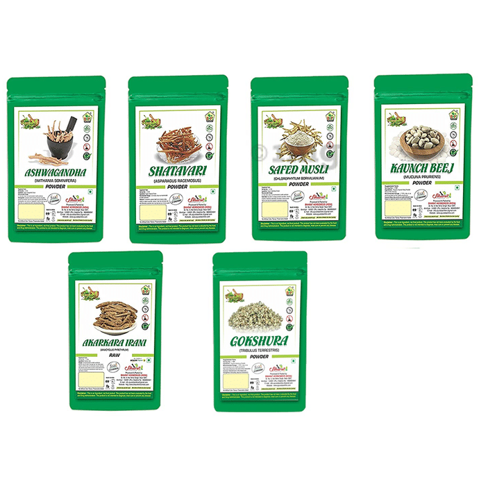 BHPI Bharat Combo Pack of Ashwagandha, Safed Musli, Shatavari, Kaunch Beej, Gokshura Powder (100gm Each) & Akarkara Irani Raw 50gm