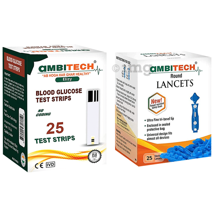 Ambitech Combo Pack of 25 Blood Glucose Test Strip & 25 Round Lancet