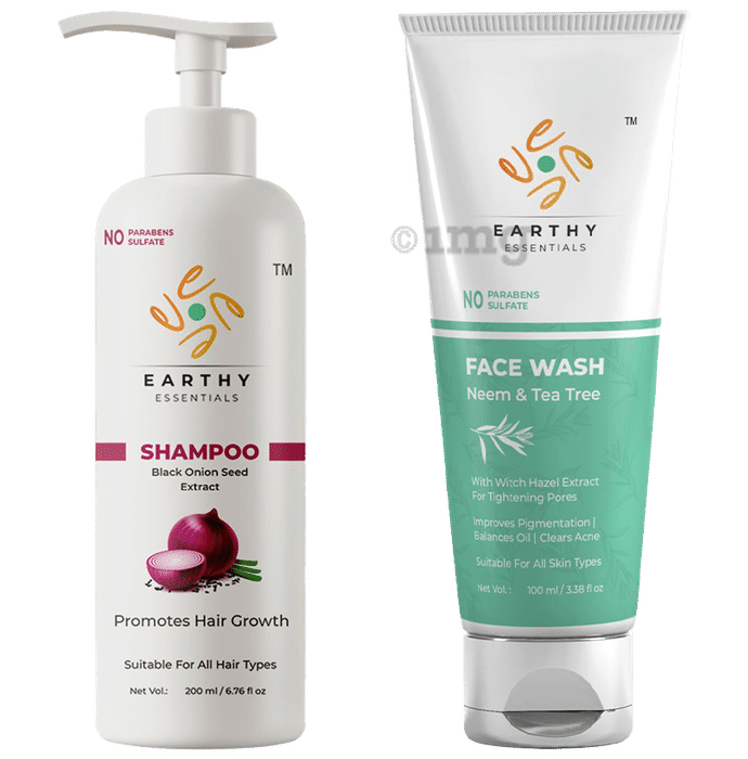 Earthy Essentials Combo Pack of Black Onion Seed  Extract Shampoo 200ml & Neem & Tea Tree Face Wash 100ml