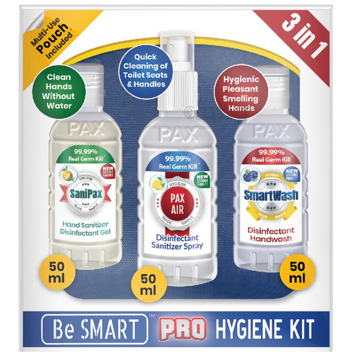 Paxchem 3 in 1 Be Smart Pro Hygiene Kit - SaniPax Hand Sanitizer Disinfectant Gel, PaxAir Disinfectant Sanitizer Spray, Smart Wash Disinfectant Handwash (50ml Each)