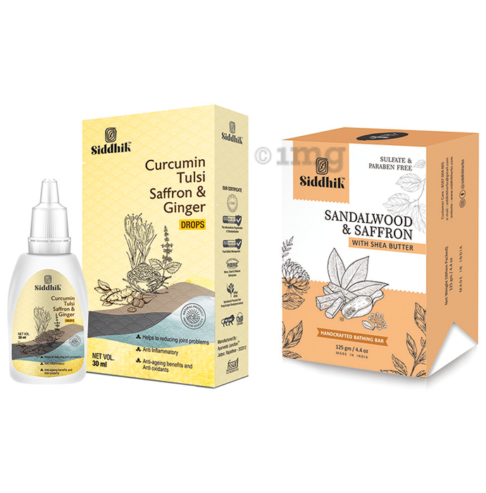 Siddhik Combo Pack of Curumin Tulsi Saffron & Ginger Drop (30ml) and Sandalwood & Saffron With Shea Butter Soap (125gm)