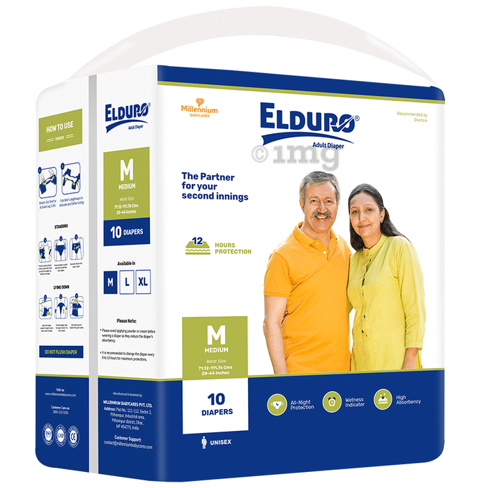 Elduro Unisex Adult Diaper, Wetness Indicator, All Night Protection, High Absorbency (10 Each) Medium