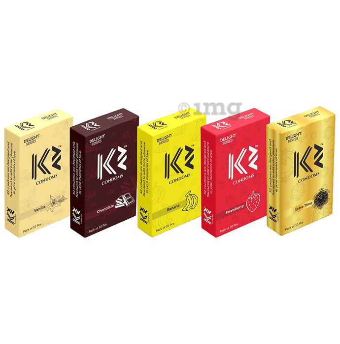 K2 Delight Series Combo Pack of  Assorted Flavour Dotted Condom Chocolate, Strawberry, Banana, Vanilla, Extra-Time