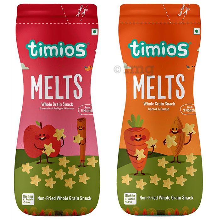 Timios Combo Pack of MELTS 9+ Months Apple & Cinnamon 100gm and Carrot & Cumin 100gm Non Fried Whole Grain Snacks