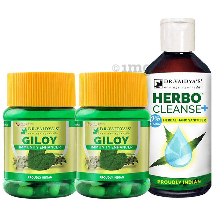 Dr. Vaidya's Combo Pack of 2 Bottles of Giloy Capsule (30 Each) and Herbocleanse+ Herbal Hand Sanitizer (200ml)