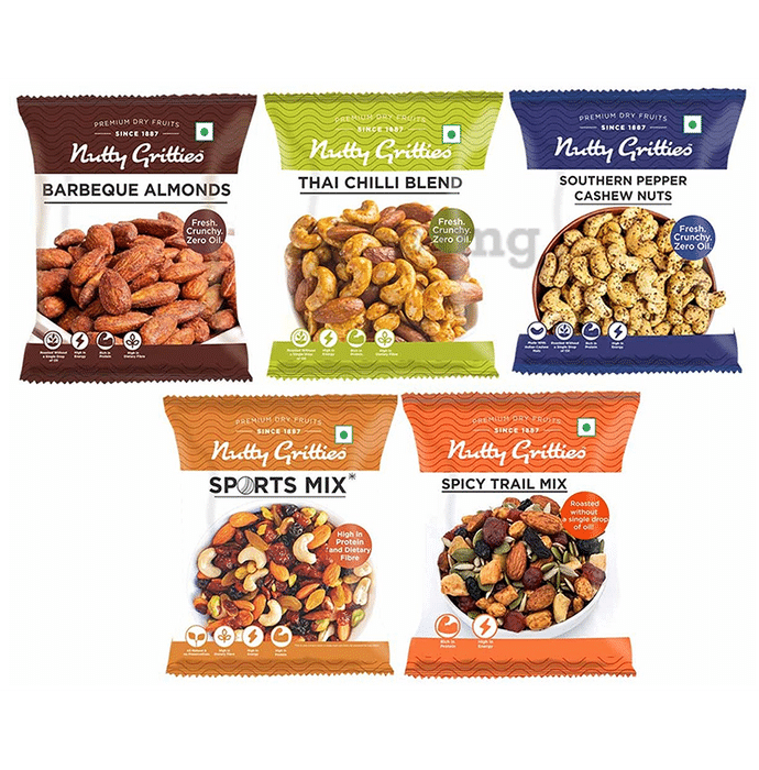 Nutty Gritties Combo Pack of Barbeque Almonds 21gm,Thai Chilli Blend 24gm, Pepper Cashew 21gm, Sport Mix 30gm & Spicy Trail Mix 24gm