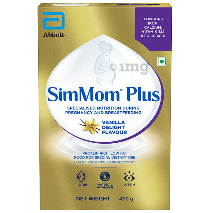 SimMom Plus with Vitamin E, Protein & Lutein | For Pregnant & Breastfeeding Women | Flavour Vanilla Delight Powder