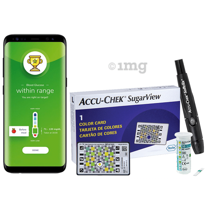 Accu Chek SugarView System Combo Pack of Accu-Chek SugarView 1 Color Card, Accu-Chek Active 10 Test Strip & Accu-Chek Softclix Kit