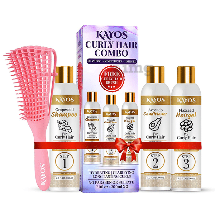 Kayos Curly Hair Care Combo Pack of Grapeseed Shampoo, Avocado Conditioner & Flaxseed Hairgel (200ml Each) with Curly Hair Brush Free