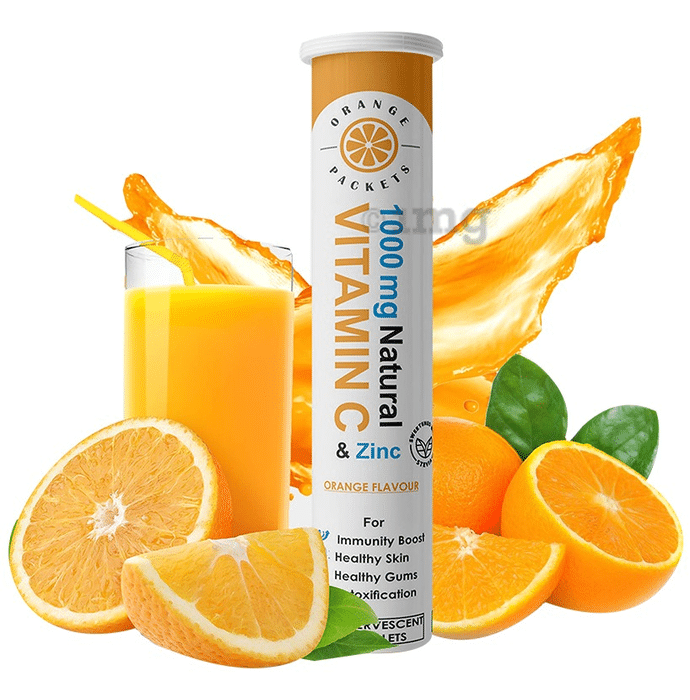 Orange Packets Natural Vitamin C & Zinc for Immunity, Detoxification, Skin & Gum Health | Flavour Orange Effervescent Tablet