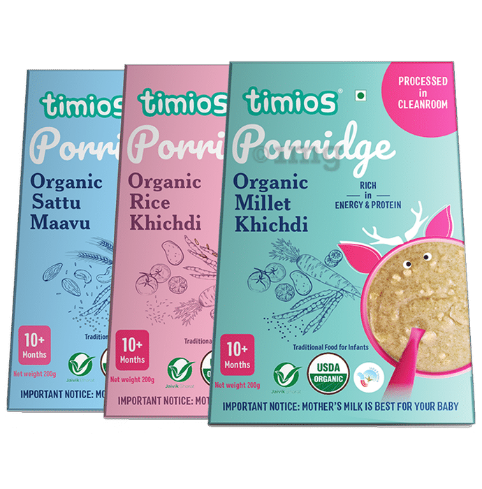 Timios Combo Pack of Porridge for 10+ Months (200gm Each) Organic Sattu Maavu, Organic Rice Khichdi & Organic Millet Khichdi
