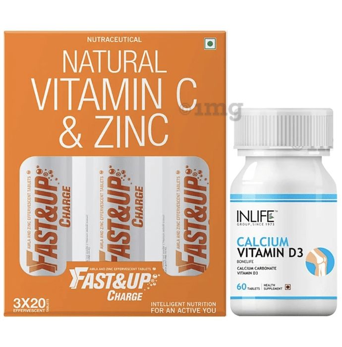 Immunity Care Combo of Fast&Up Charge Natural Vitamin C & Zinc 60 Effervescent Tablet and Inlife Calcium Vitamin D3 60 Tablet