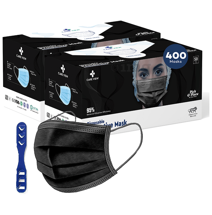 Care View CV2992 Sitra Approved 3 Ply Colored Disposable Surgical Mask with Built in Metal Nose Pin and 1 Melt Blown Layer (50 Each) Black