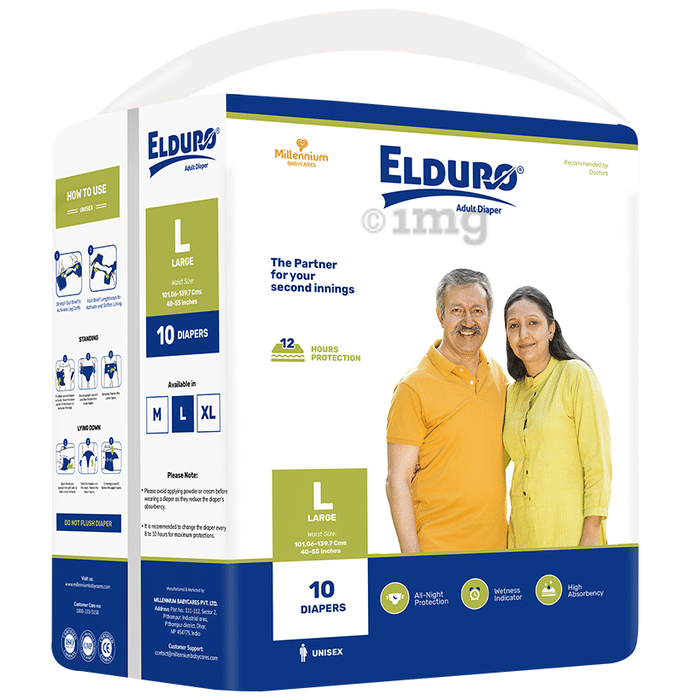 Elduro Unisex Adult Diaper, Wetness Indicator, All Night Protection, High Absorbency (10 Each) Large