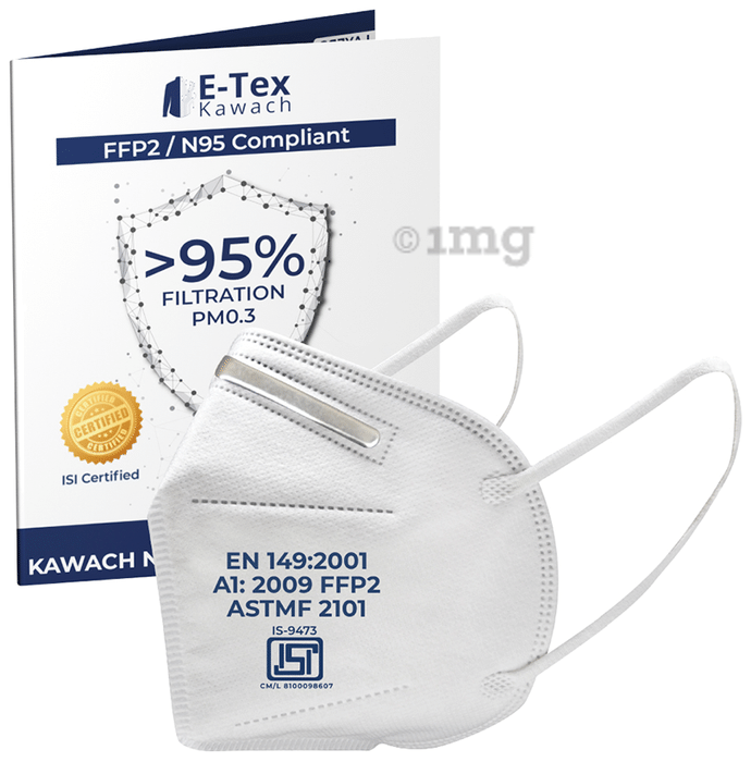E-Tex Kawach FFP2/N95 Compliant Protective Face Mask with Earloop Free Size White