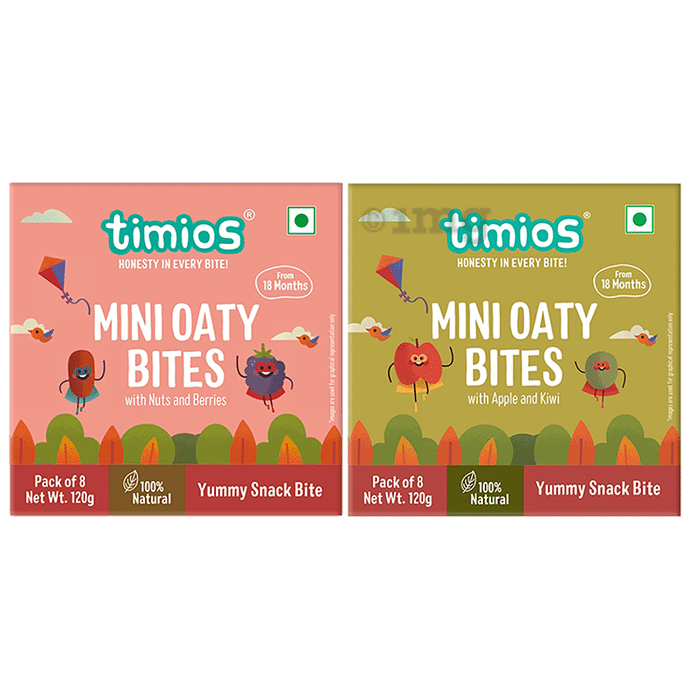 Timios Combo Pack of Mini Oaty Bites with Nuts and Berries & Mini Oaty Bites with Apple and Kiwi from 18 Months (120gm Each)