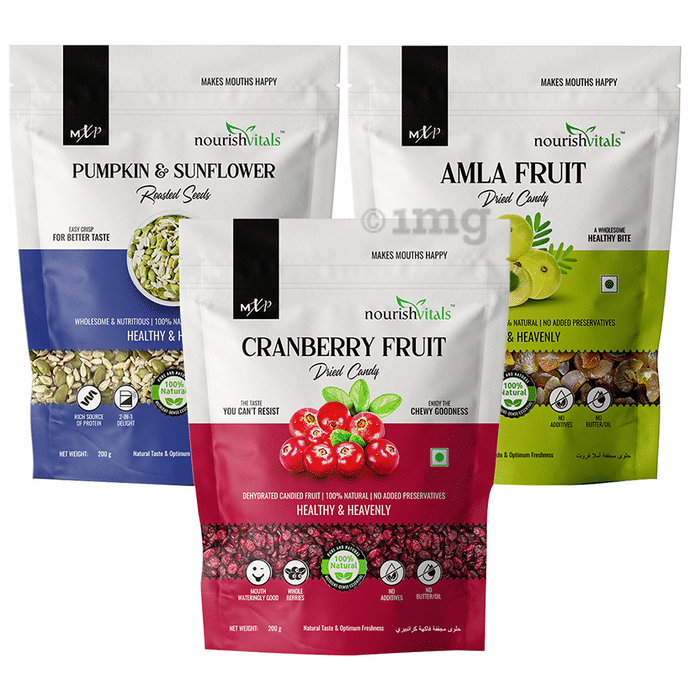 NourishVitals Combo Pack of Pumpkin & Sunflower Roasted Seeds, Cranberry Fruit Dried Candy and Amla Fruit Dried Candy (200gm Each)